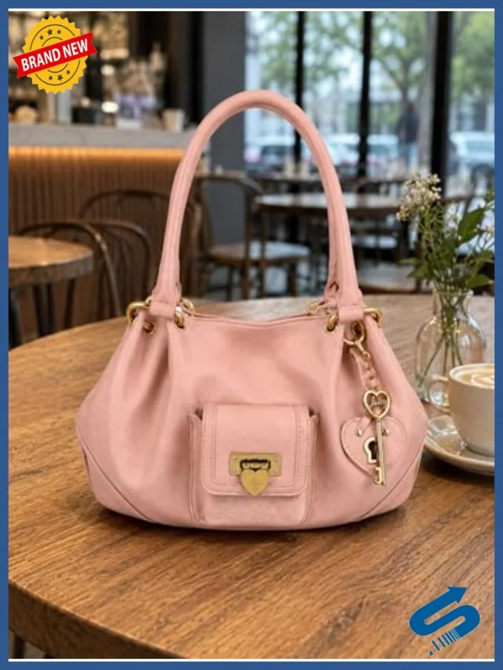 Satchel Bag with Heart Lock Pocket & Key Charm Accent, Faux Leather Shoulder